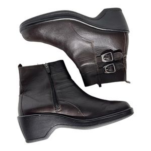 DANSKO | Double Buckle Zip-side Black Leather Bootie Wedge